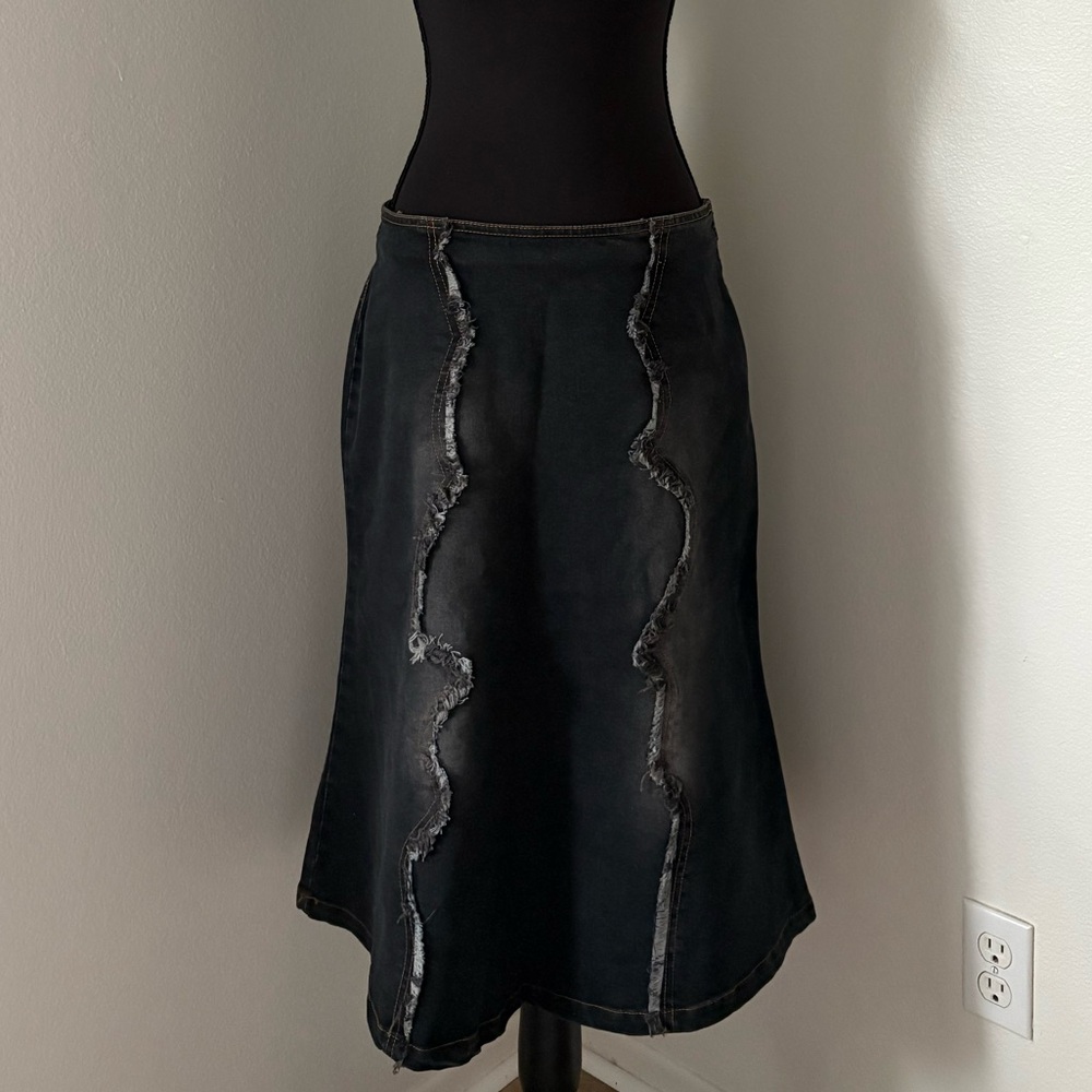 Banabee Dark Denim Midi Skirt with Rip Detail-Size Large